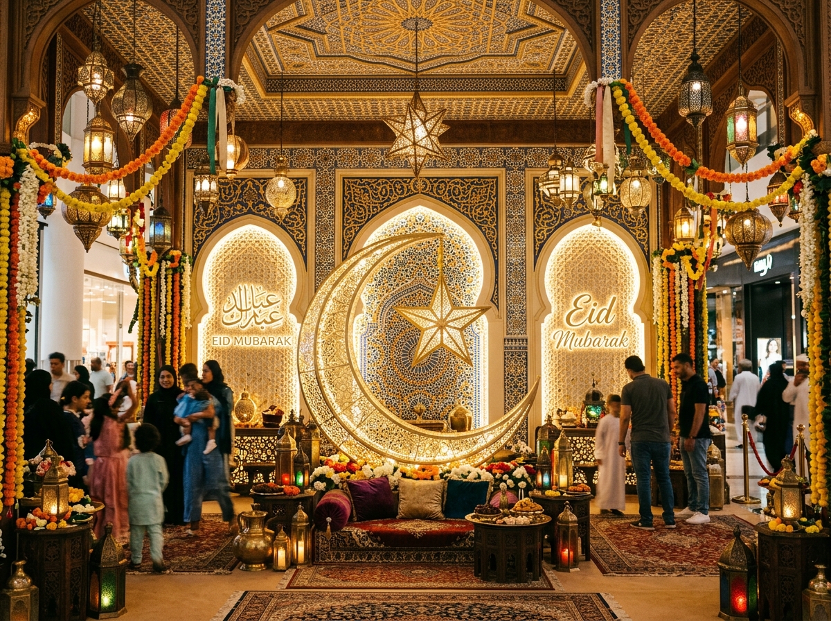 Islamic Eid Festive Decor with Crescent and Lanterns