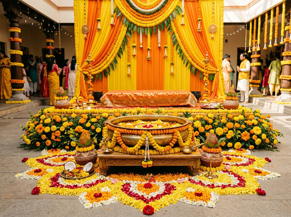 Haldi Ceremony Urli Tub & Marigold Decor