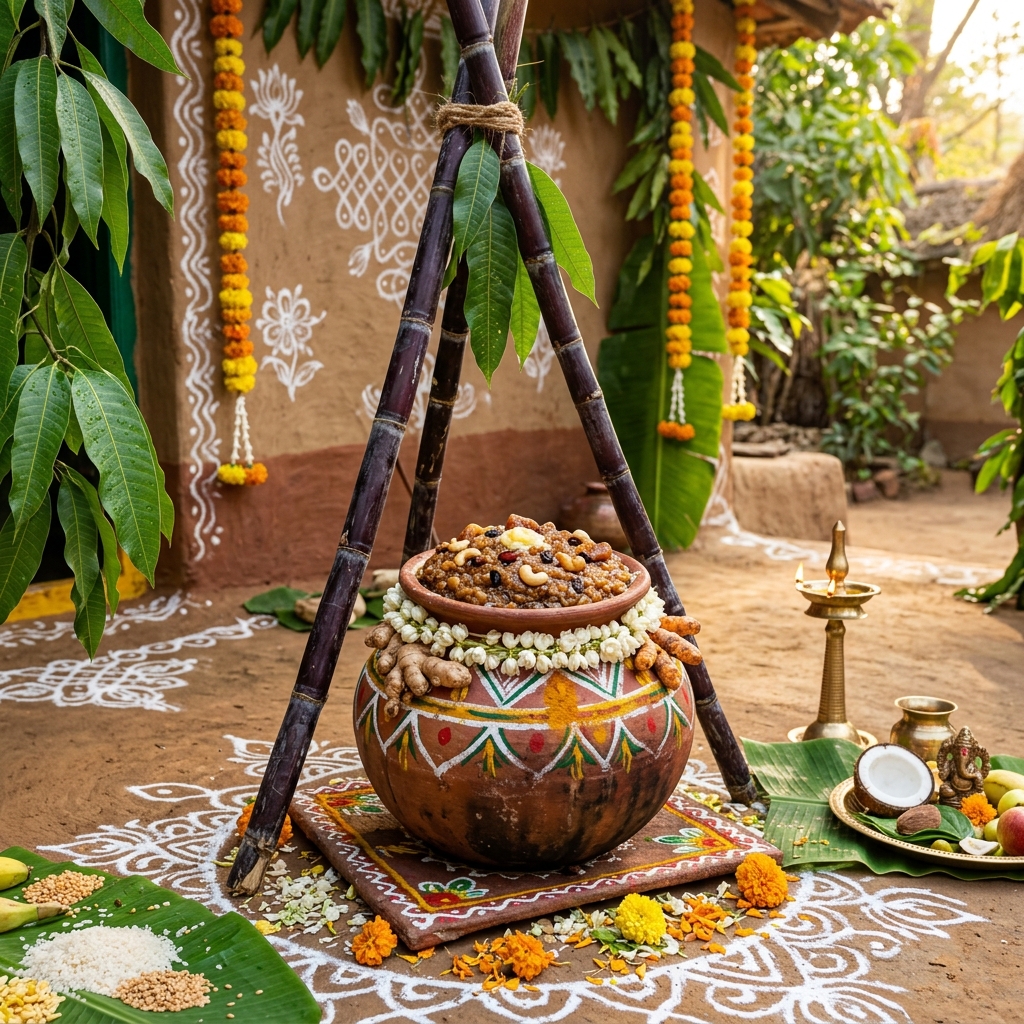 Traditional Pongal pot and sugarcane